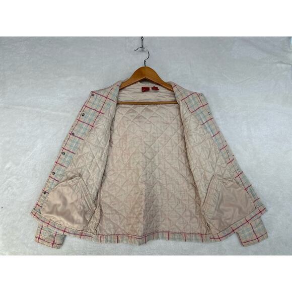 Quilted Plaid Shacket Jacket Womens Medium Pearl Snaps Western Hooded Peach‎ - Picture 2 of 14